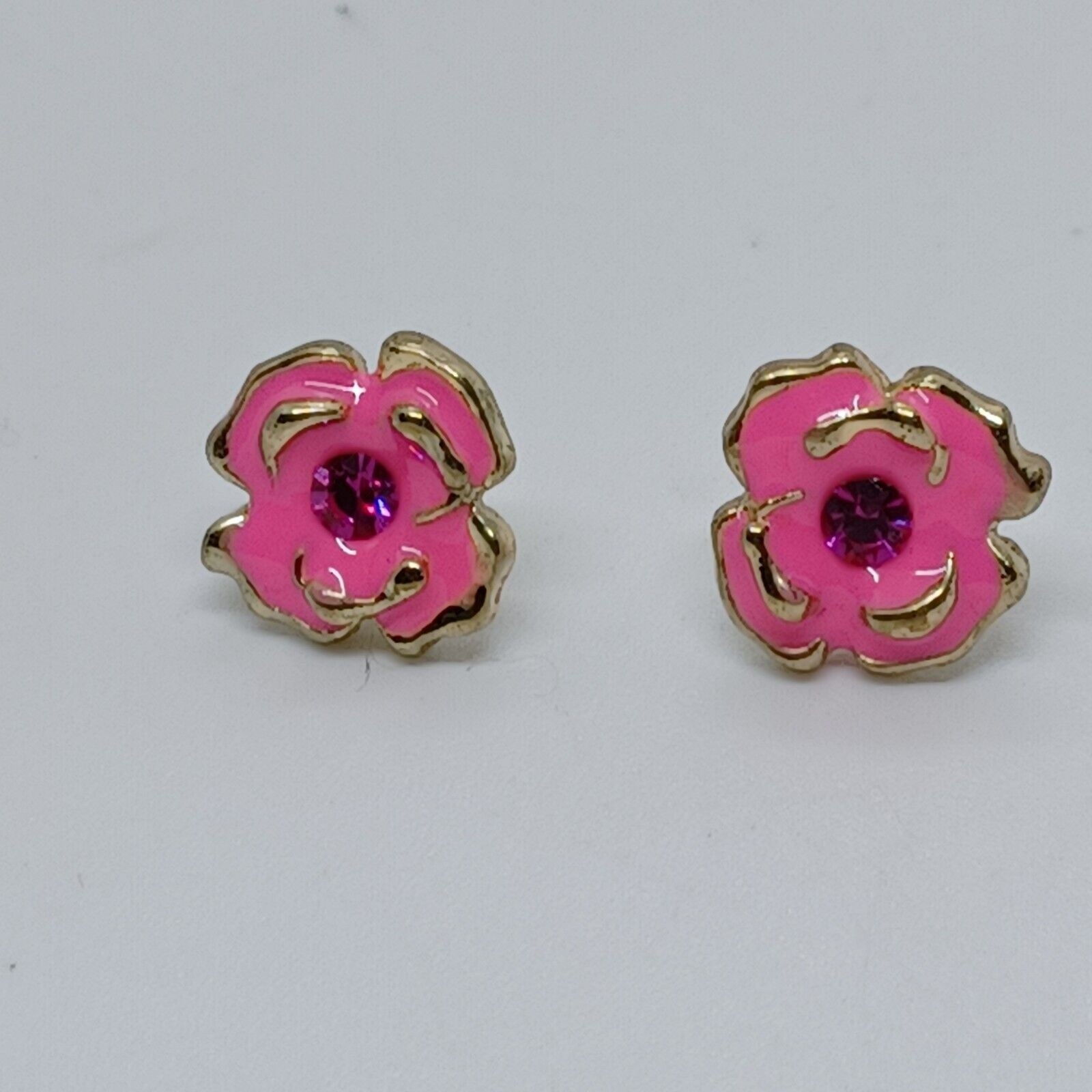 Fuchsia Earrings Enamel Fushsia Rhinestone Gold Tone Pierced .5 Inch